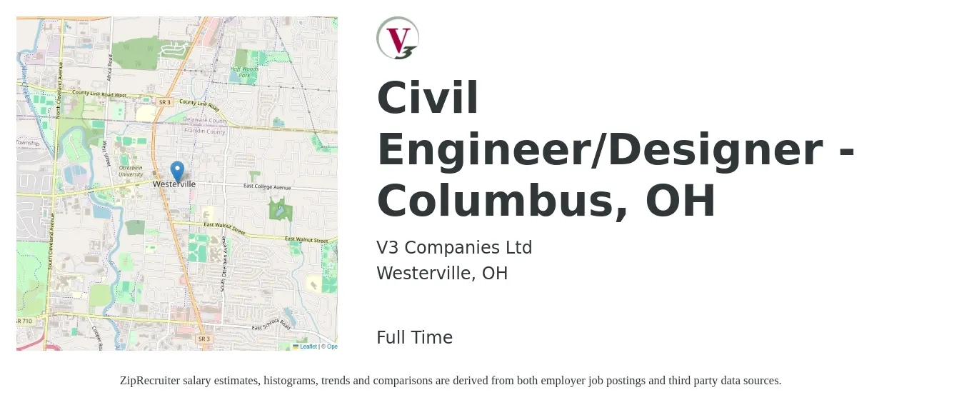 V3 Companies job posting for a Civil Engineer/Designer - Columbus, OH in Westerville, OH with a salary of $61,100 to $70,800 Yearly with a map of Westerville location.