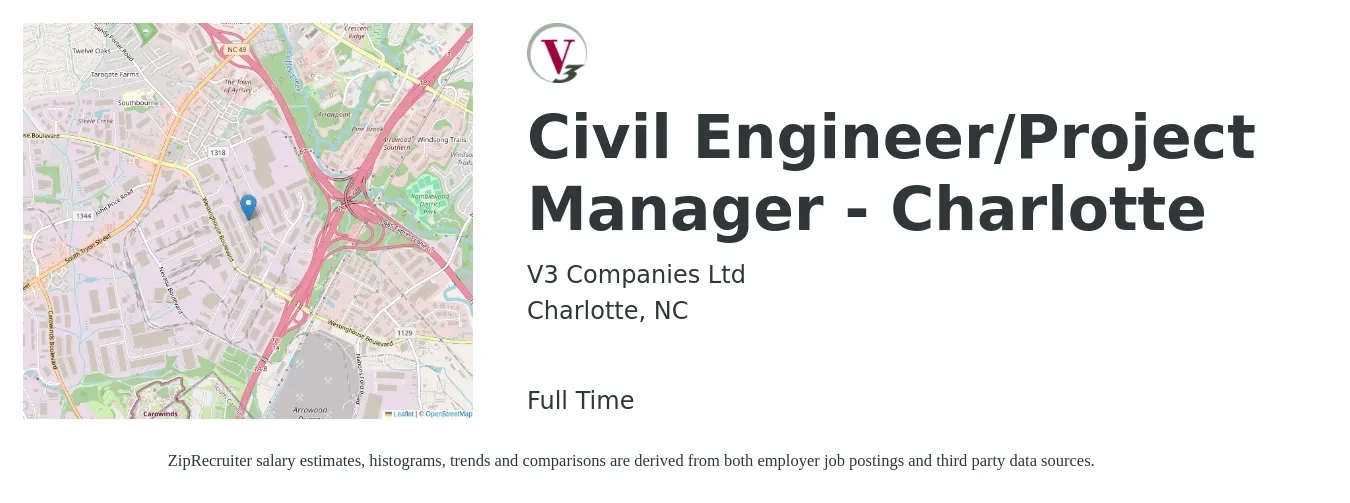 V3 Companies Ltd job posting for a Civil Engineer/Project Manager - Charlotte in Charlotte, NC with a salary of $82,600 to $110,300 Yearly with a map of Charlotte location.
