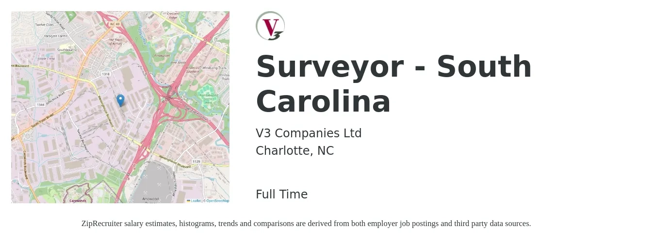 V3 Companies job posting for a Surveyor - South Carolina in Charlotte, NC with a salary of $51,000 to $88,900 Yearly with a map of Charlotte location.
