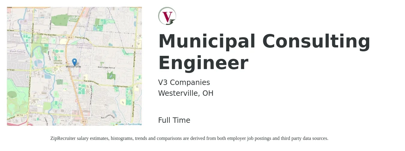 V3 Companies job posting for a Municipal Consulting Engineer in Westerville, OH with a salary of $81,000 to $129,500 Yearly with a map of Westerville location.