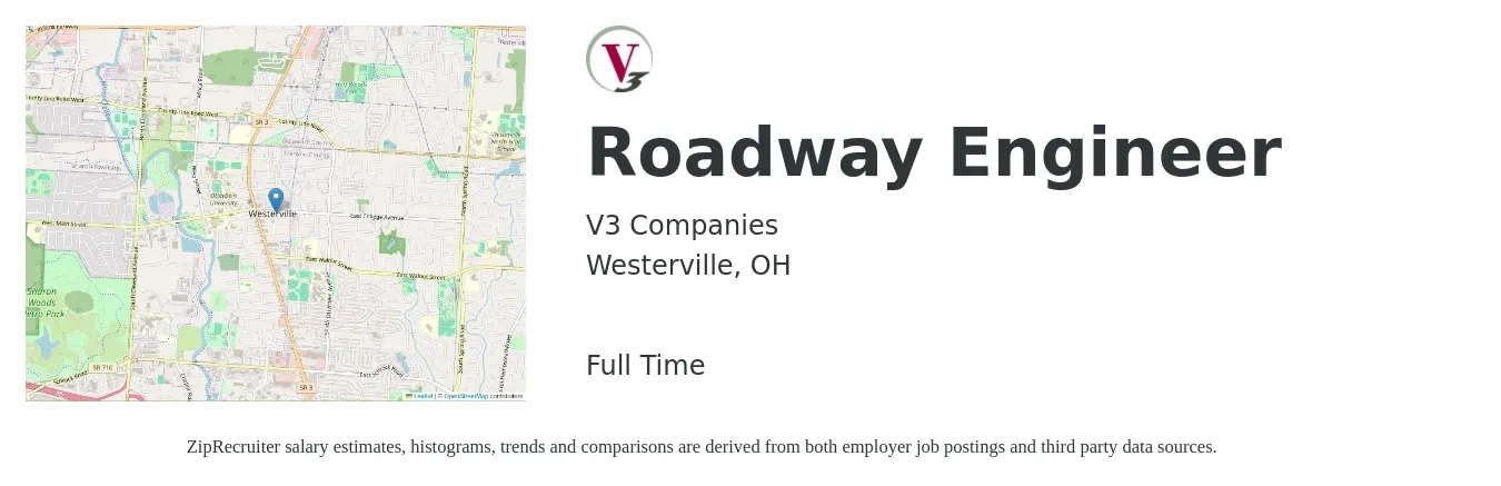 V3 Companies job posting for a Roadway Engineer in Westerville, OH with a salary of $78,100 to $110,100 Yearly with a map of Westerville location.