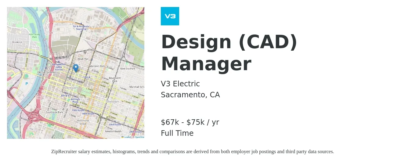 V3 Electric job posting for a Design (CAD) Manager in Sacramento, CA with a salary of $67,000 to $75,000 Yearly with a map of Sacramento location.