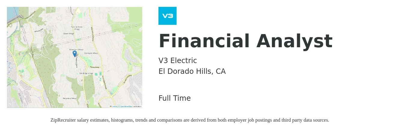 V3 Electric job posting for a Financial Analyst in El Dorado Hills, CA with a salary of $71,100 to $112,200 Yearly with a map of El Dorado Hills location.