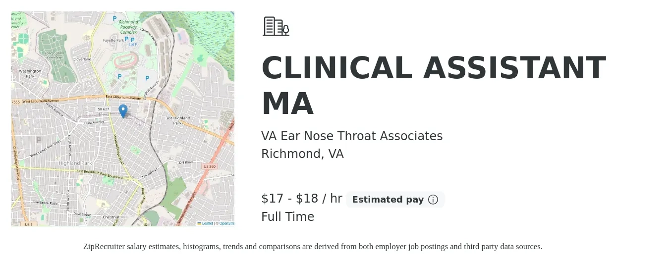 VA Ear Nose Throat Associates job posting for a CLINICAL ASSISTANT MA in Richmond, VA with a salary of $18 to $22 Yearly with a map of Richmond location.