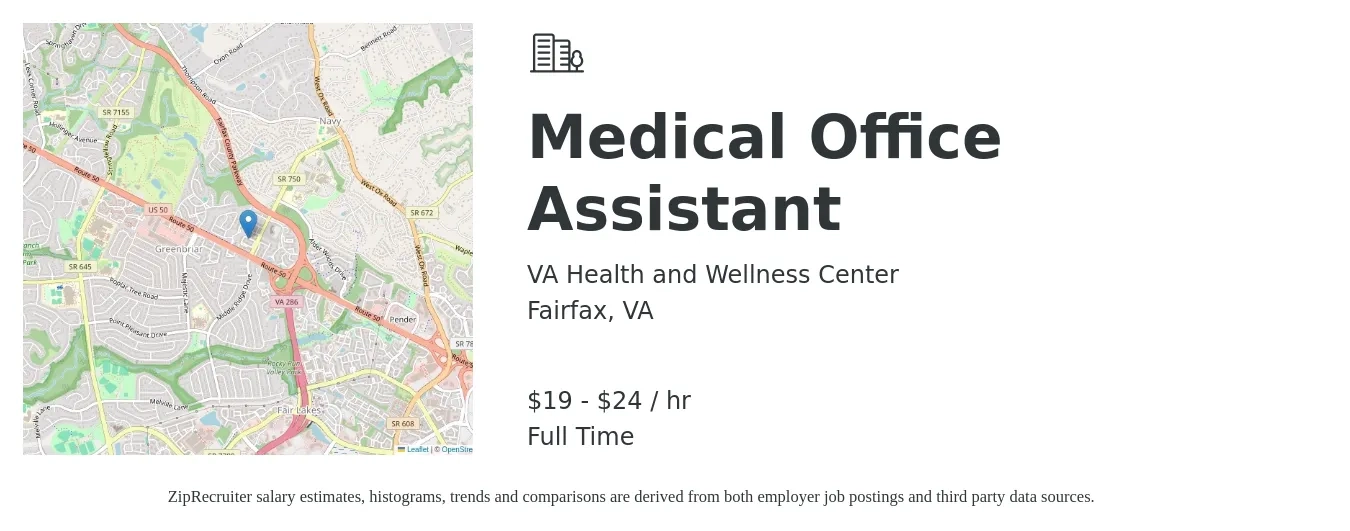 VA Health and Wellness Center job posting for a Medical Office Assistant in Fairfax, VA with a salary of $20 to $25 Hourly with a map of Fairfax location.