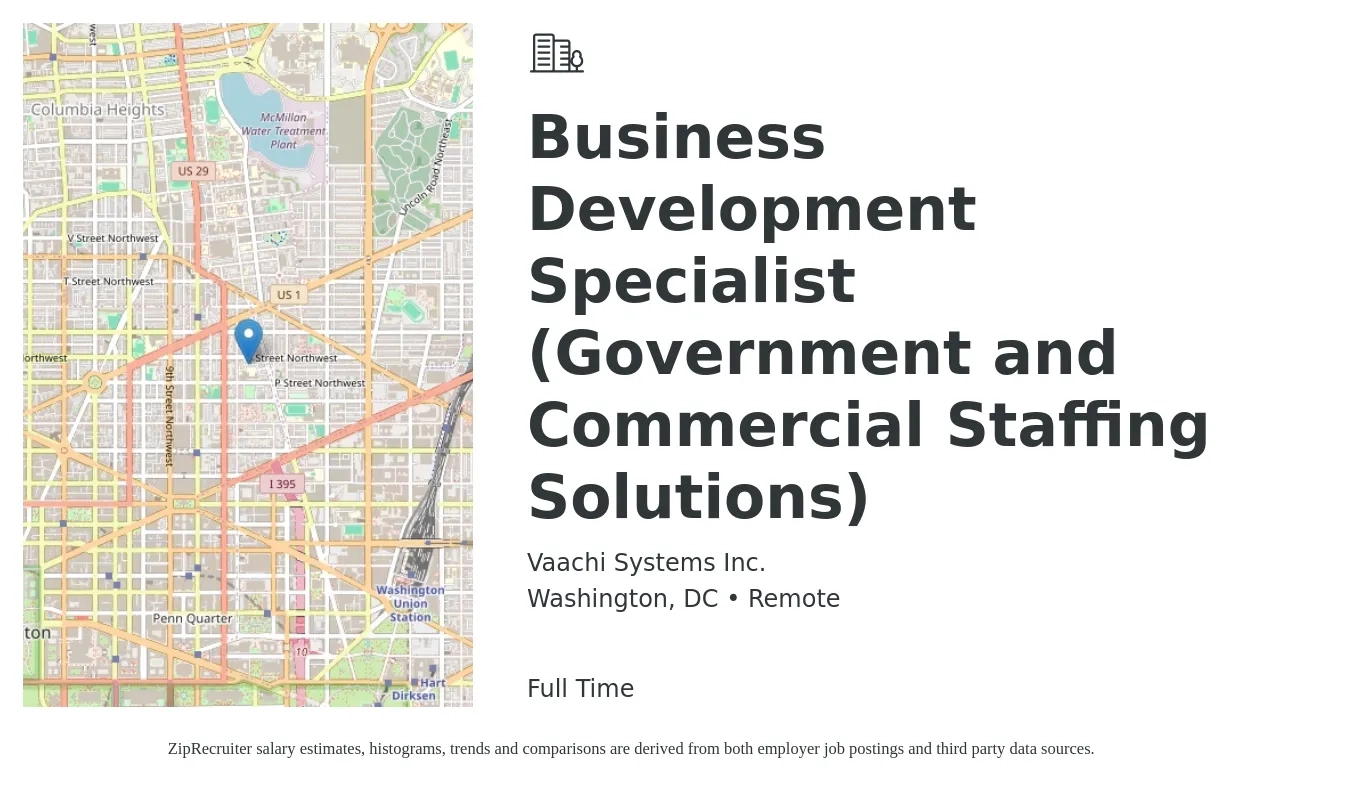 Vaachi Systems Inc. job posting for a Business Development Specialist (Government and Commercial Staffing Solutions) in Washington, DC with a salary of $53,200 to $88,900 Yearly with a map of Washington location.