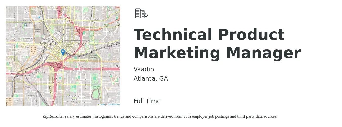 Vaadin job posting for a Technical Product Marketing Manager in Atlanta, GA with a salary of $160,600 to $185,600 Yearly with a map of Atlanta location.