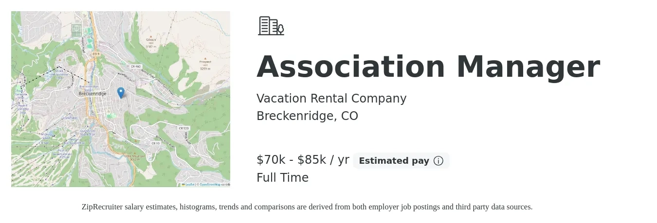 Vacation Rental Company job posting for a Association Manager in Breckenridge, CO with a salary of $70,000 to $85,000 Yearly with a map of Breckenridge location.