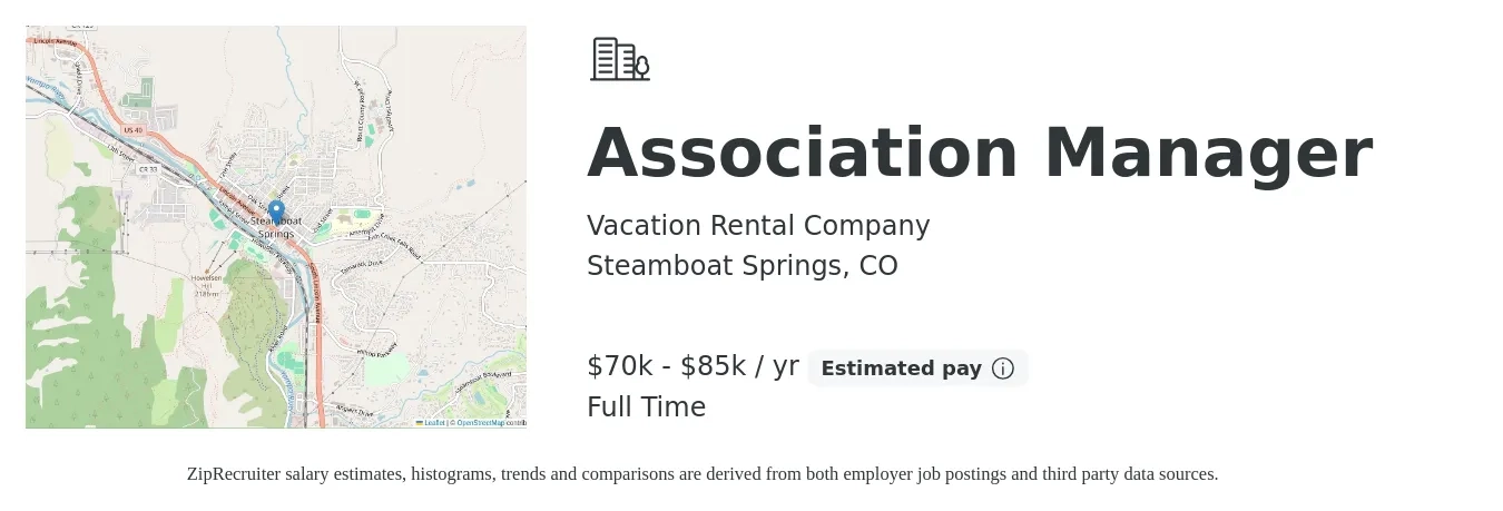 Vacation Rental Company job posting for a Association Manager in Steamboat Springs, CO with a salary of $70,000 to $85,000 Yearly with a map of Steamboat Springs location.