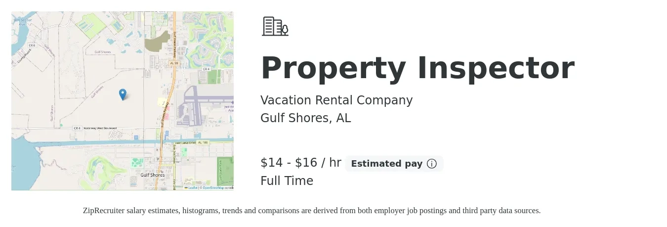 Vacation Rental Company job posting for a Property Inspector in Gulf Shores, AL with a salary of $15 to $17 Hourly with a map of Gulf Shores location.