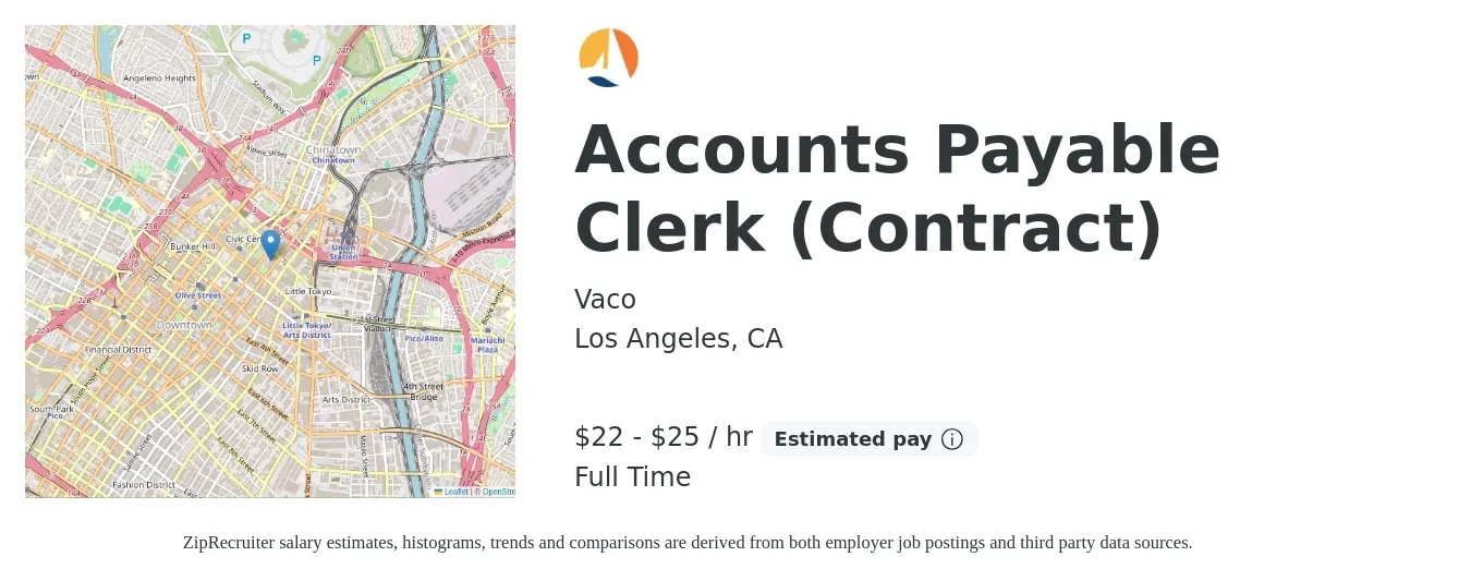 Vaco job posting for a Accounts Payable Clerk (Contract) in Los Angeles, CA with a salary of $23 to $26 Hourly with a map of Los Angeles location.