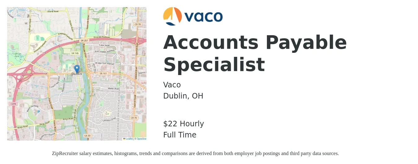 Vaco job posting for a Accounts Payable Specialist in Dublin, OH with a salary of $23 Hourly with a map of Dublin location.