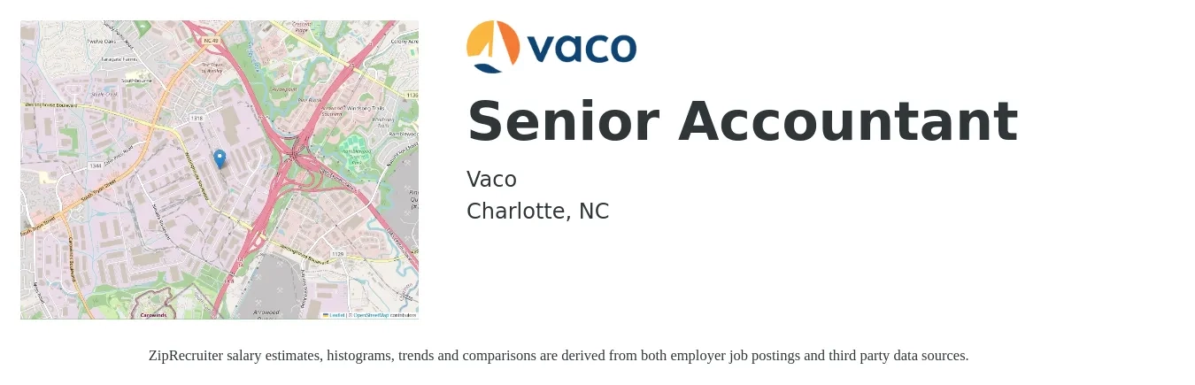 Vaco job posting for a Senior Accountant in Charlotte, NC with a salary of $72,300 to $90,800 Yearly with a map of Charlotte location.