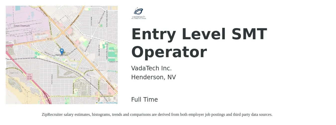 VadaTech Inc. job posting for a Entry Level SMT Operator in Henderson, NV with a salary of $16 to $22 Hourly with a map of Henderson location.