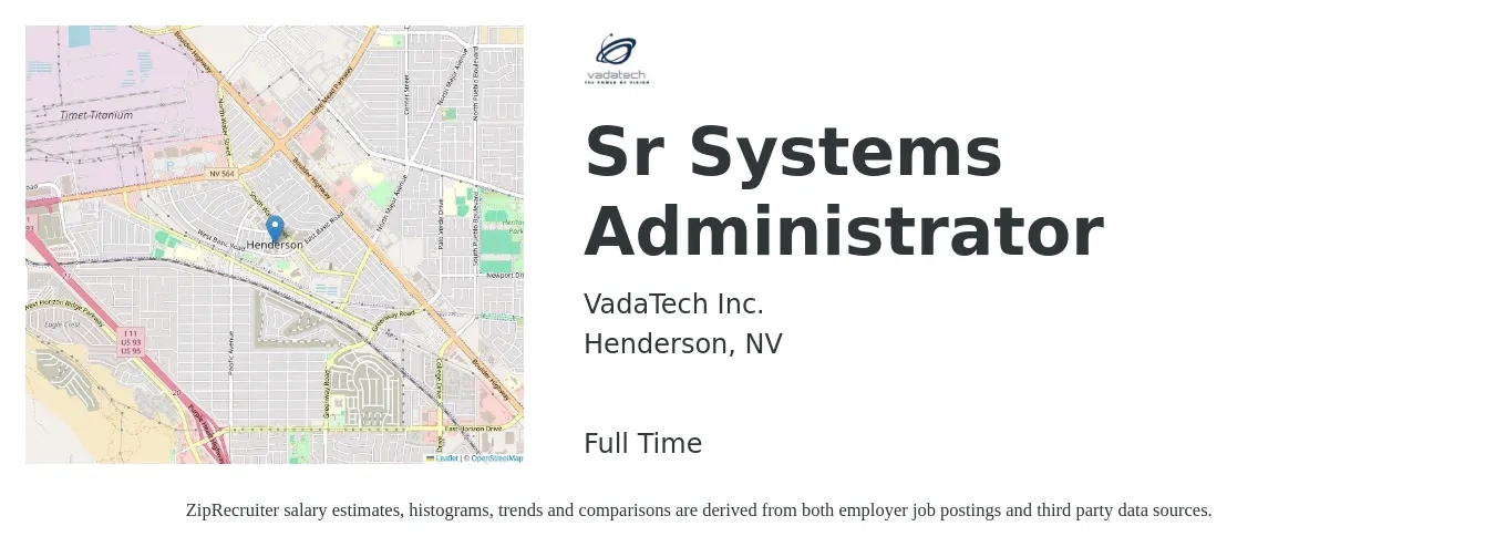VadaTech Inc. job posting for a Sr Systems Administrator in Henderson, NV with a salary of $80,200 to $108,700 Yearly with a map of Henderson location.