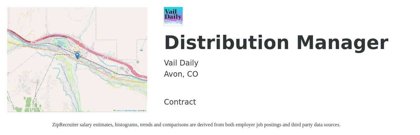Vail Daily job posting for a Distribution Manager in Avon, CO with a salary of $66,200 to $94,500 Yearly with a map of Avon location.