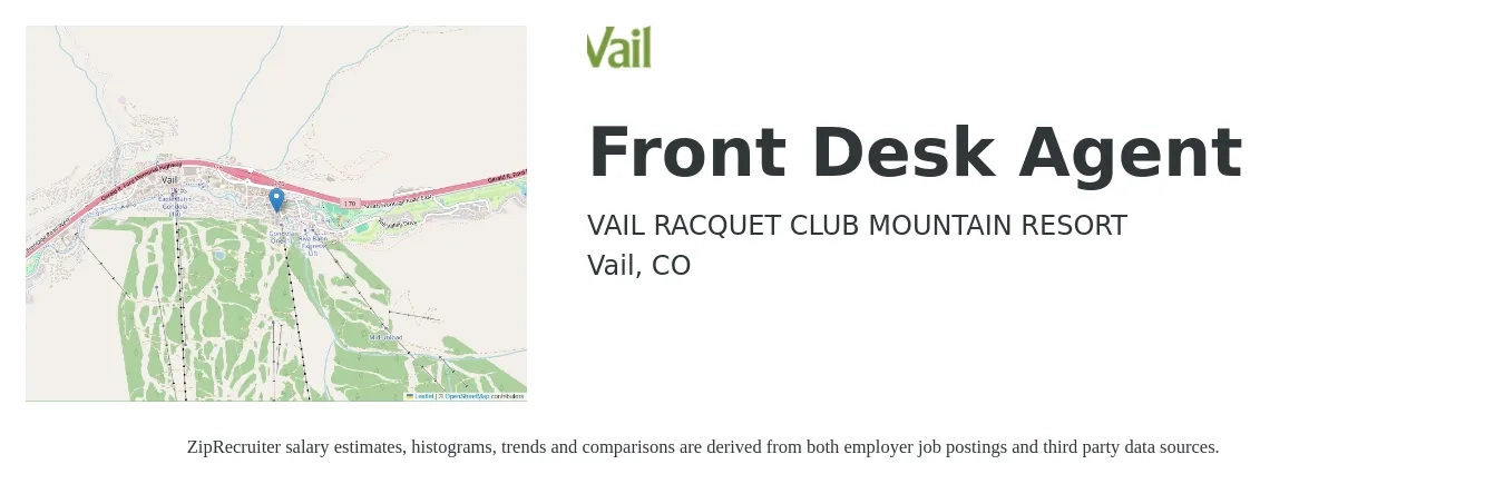 VAIL RACQUET CLUB MOUNTAIN RESORT job posting for a Front Desk Agent in Vail, CO with a salary of $20 to $22 Hourly with a map of Vail location.