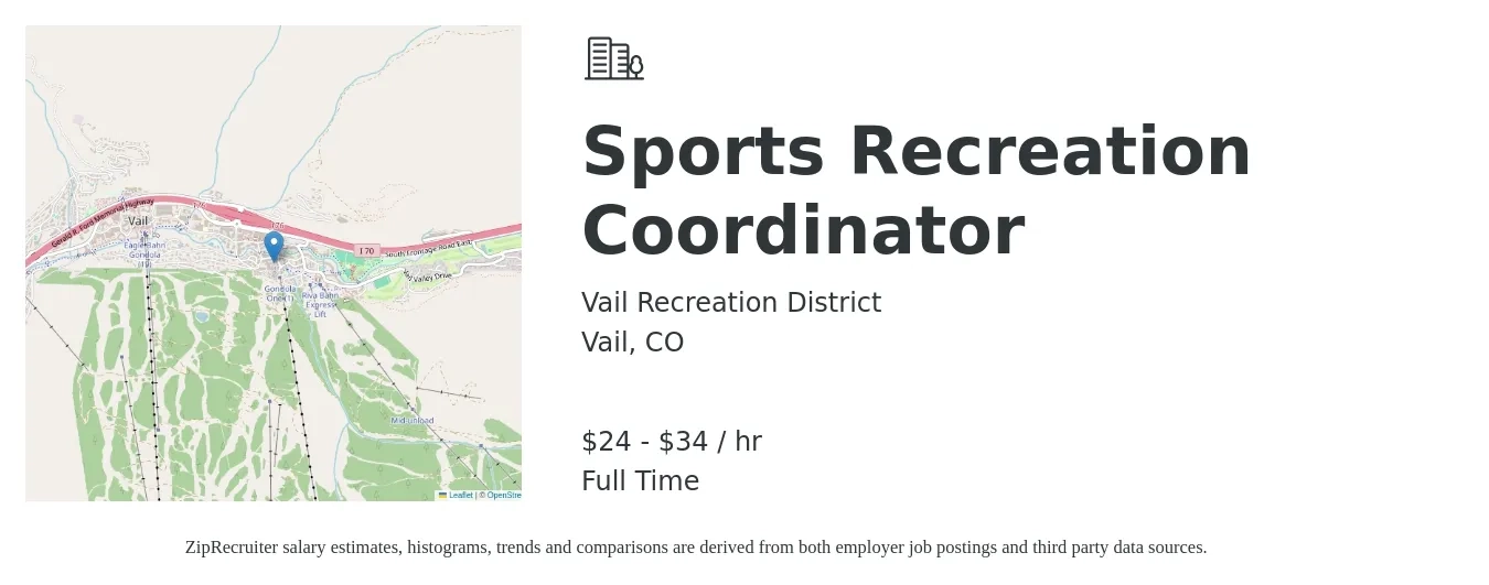Vail Recreation District job posting for a Sports Recreation Coordinator in Vail, CO with a salary of $26 to $36 Hourly with a map of Vail location.
