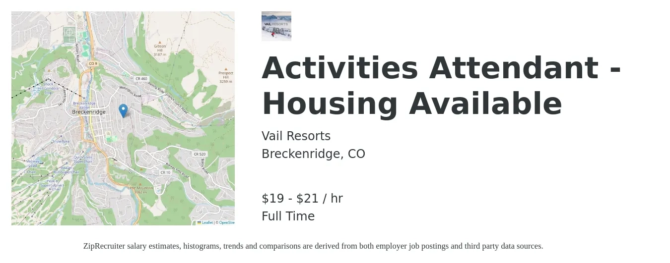 Vail Resorts job posting for a Activities Attendant - Housing Available in Breckenridge, CO with a salary of $20 to $23 Hourly with a map of Breckenridge location.