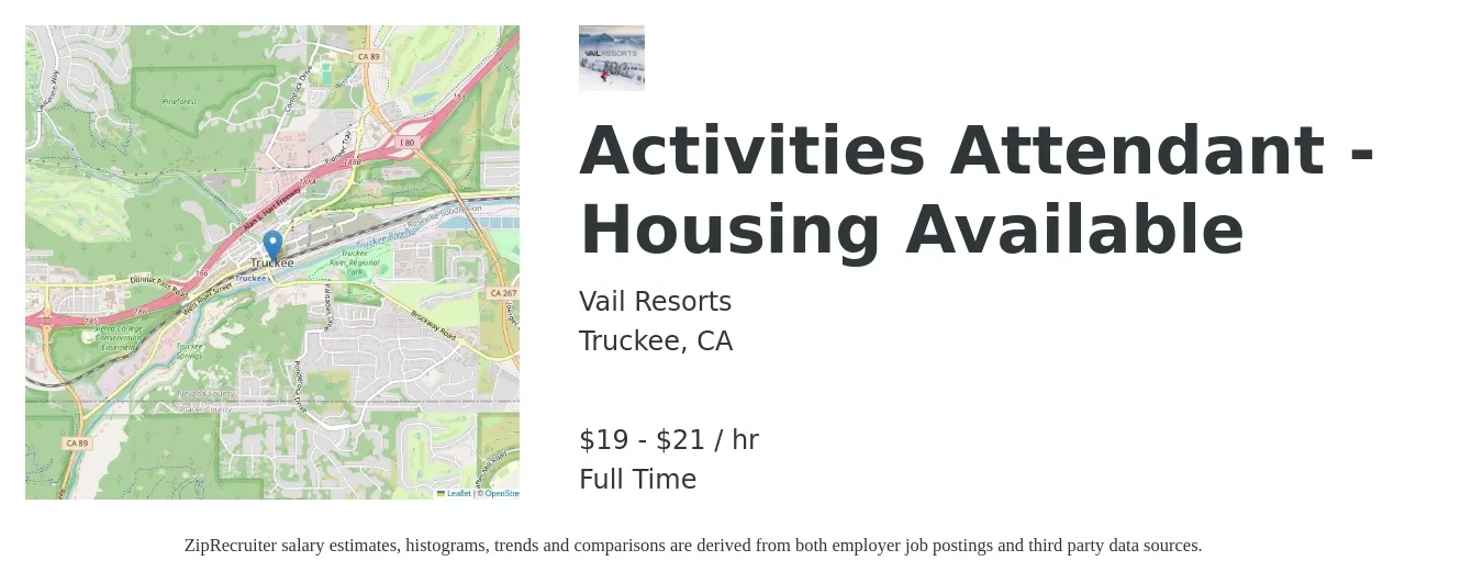 Vail Resorts job posting for a Activities Attendant - Housing Available in Truckee, CA with a salary of $20 to $23 Hourly with a map of Truckee location.