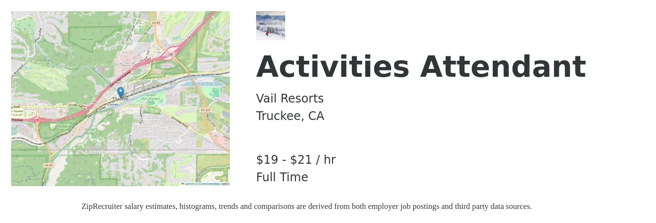 Vail Resorts job posting for a Activities Attendant in Truckee, CA with a salary of $20 to $23 Hourly with a map of Truckee location.