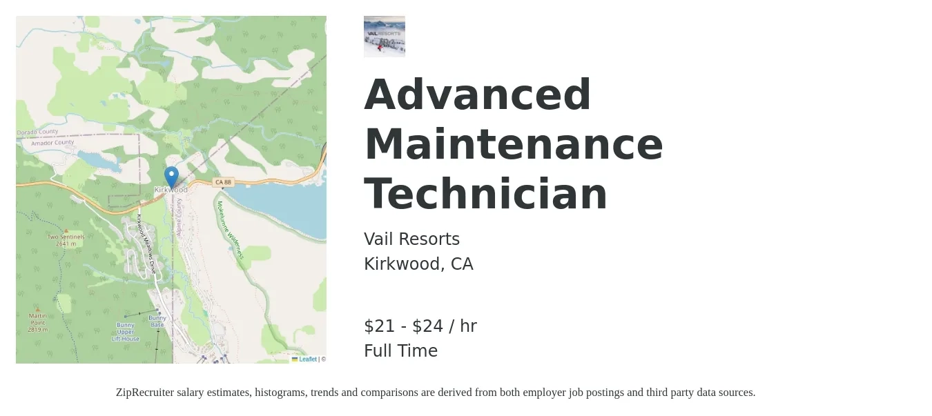 Vail Resorts job posting for a Advanced Maintenance Technician in Kirkwood, CA with a salary of $22 to $25 Hourly with a map of Kirkwood location.