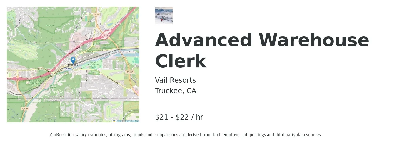 Vail Resorts job posting for a Advanced Warehouse Clerk in Truckee, CA with a salary of $22 to $24 Hourly with a map of Truckee location.