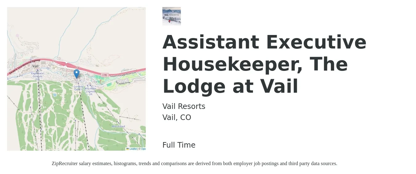 Vail Resorts job posting for a Assistant Executive Housekeeper, The Lodge at Vail in Vail, CO with a salary of $55,000 to $61,160 Yearly with a map of Vail location.