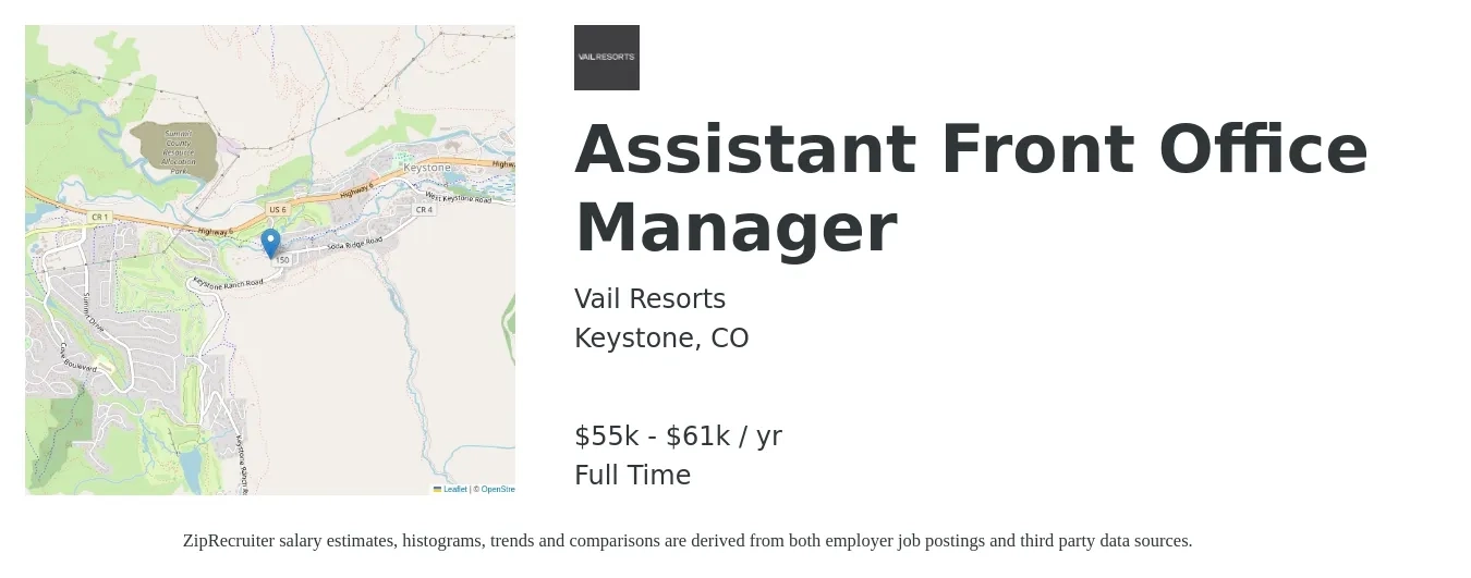 Vail Resorts job posting for a Assistant Front Office Manager in Keystone, CO with a salary of $55,000 to $61,000 Yearly with a map of Keystone location.