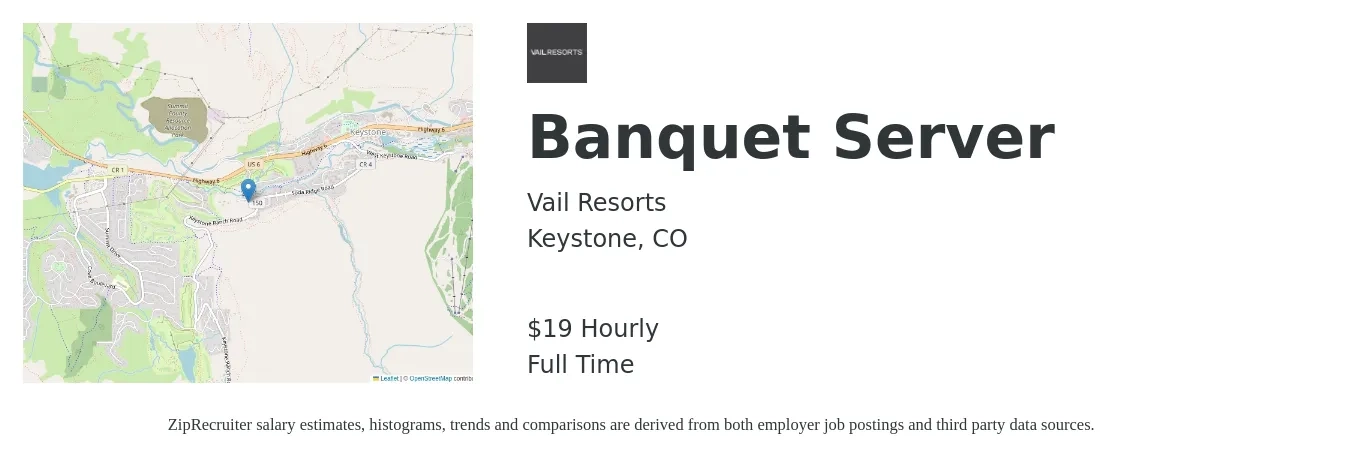 Vail Resorts job posting for a Banquet Server in Keystone, CO with a salary of $20 Hourly with a map of Keystone location.