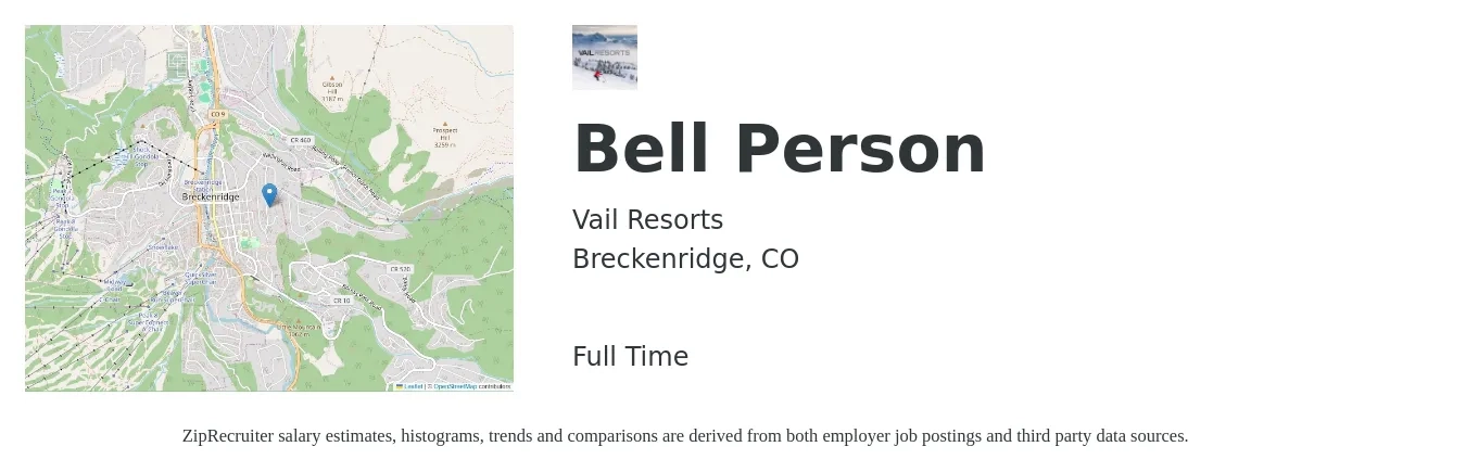 Vail Resorts job posting for a Bell Person in Breckenridge, CO with a salary of $20 to $21 Hourly with a map of Breckenridge location.