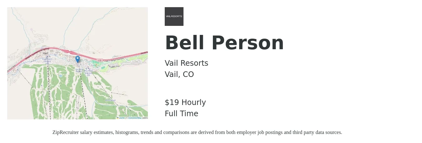 Vail Resorts job posting for a Bell Person in Vail, CO with a salary of $20 Hourly with a map of Vail location.