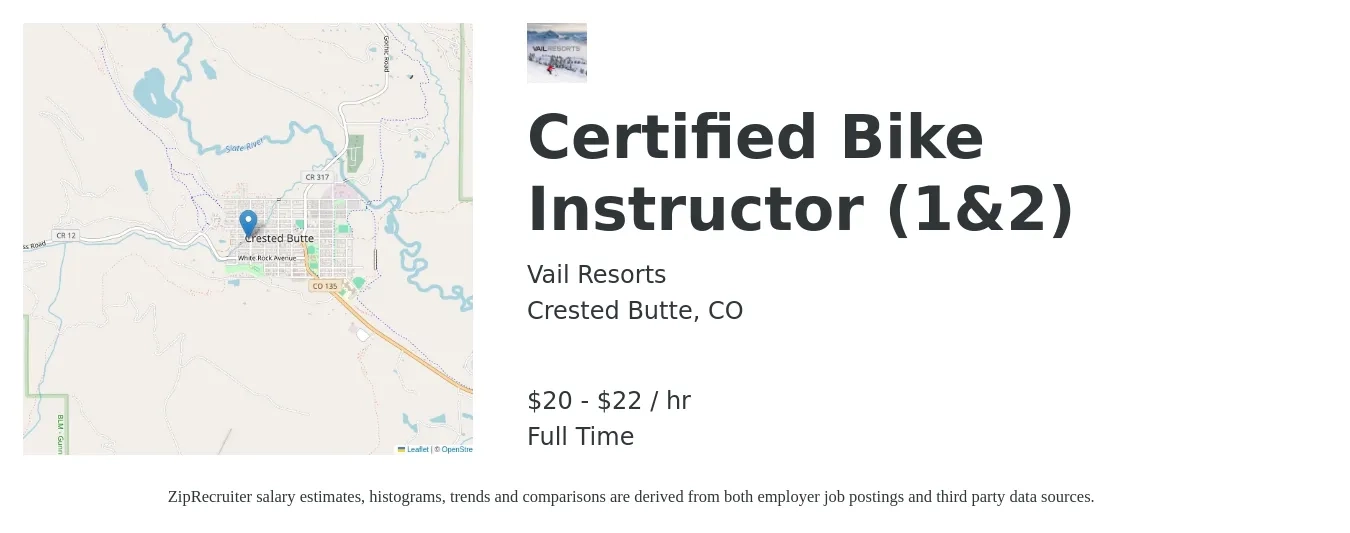 Vail Resorts job posting for a Certified Bike Instructor (1&2) in Crested Butte, CO with a salary of $21 to $23 Hourly with a map of Crested Butte location.