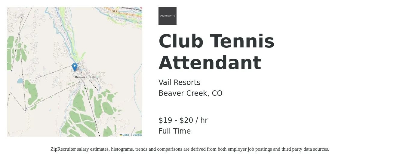 Vail Resorts job posting for a Club Tennis Attendant in Beaver Creek, CO with a salary of $20 to $21 Hourly with a map of Beaver Creek location.