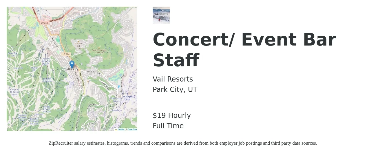 Vail Resorts job posting for a Concert/ Event Bar Staff in Park City, UT with a salary of $20 Hourly with a map of Park City location.