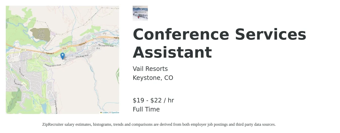 Vail Resorts job posting for a Conference Services Assistant in Keystone, CO with a salary of $20 to $23 Hourly with a map of Keystone location.