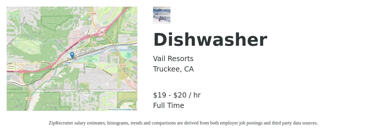Vail Resorts job posting for a Dishwasher in Truckee, CA with a salary of $20 to $21 Hourly with a map of Truckee location.
