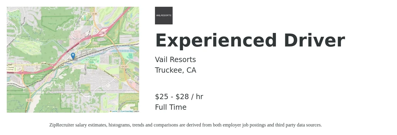 Vail Resorts job posting for a Experienced Driver in Truckee, CA with a salary of $27 to $30 Hourly with a map of Truckee location.