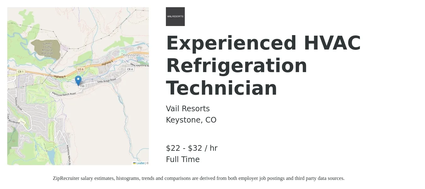 Vail Resorts job posting for a Experienced HVAC Refrigeration Technician in Keystone, CO with a salary of $23 to $34 Hourly with a map of Keystone location.