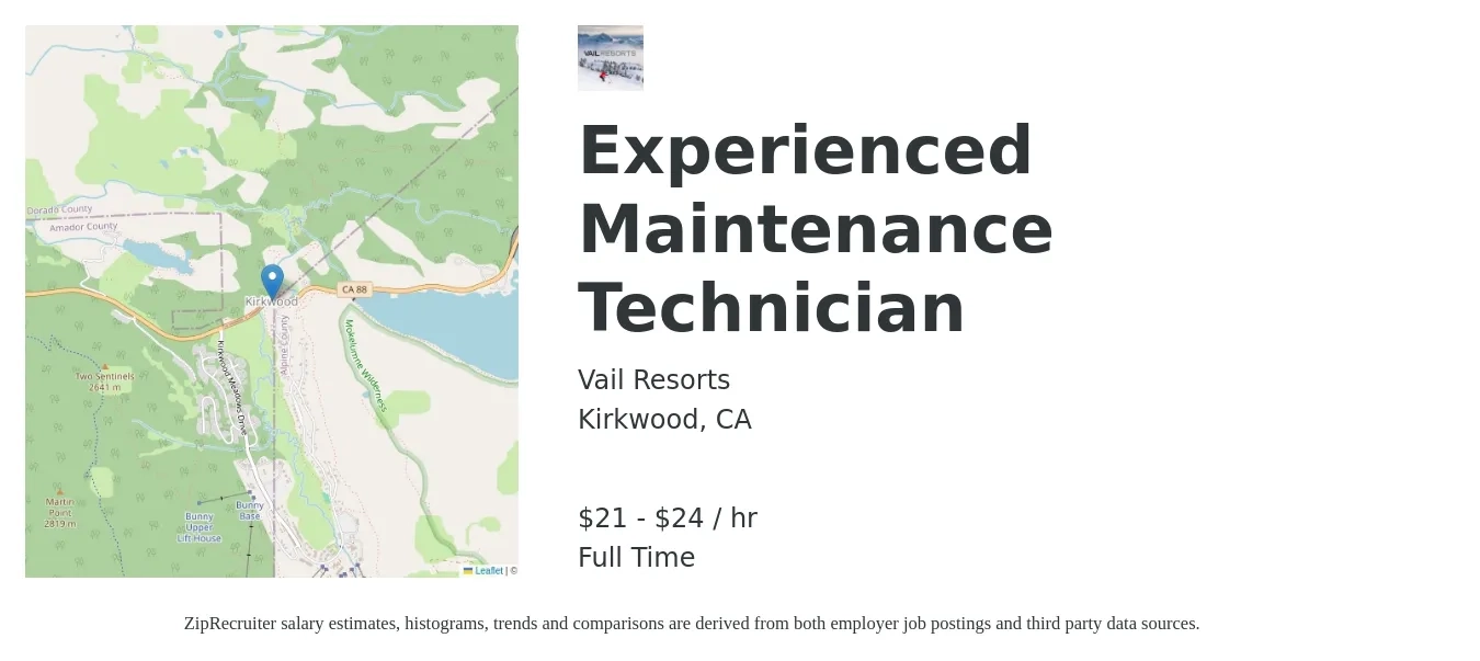 Vail Resorts job posting for a Experienced Maintenance Technician in Kirkwood, CA with a salary of $22 to $25 Hourly with a map of Kirkwood location.