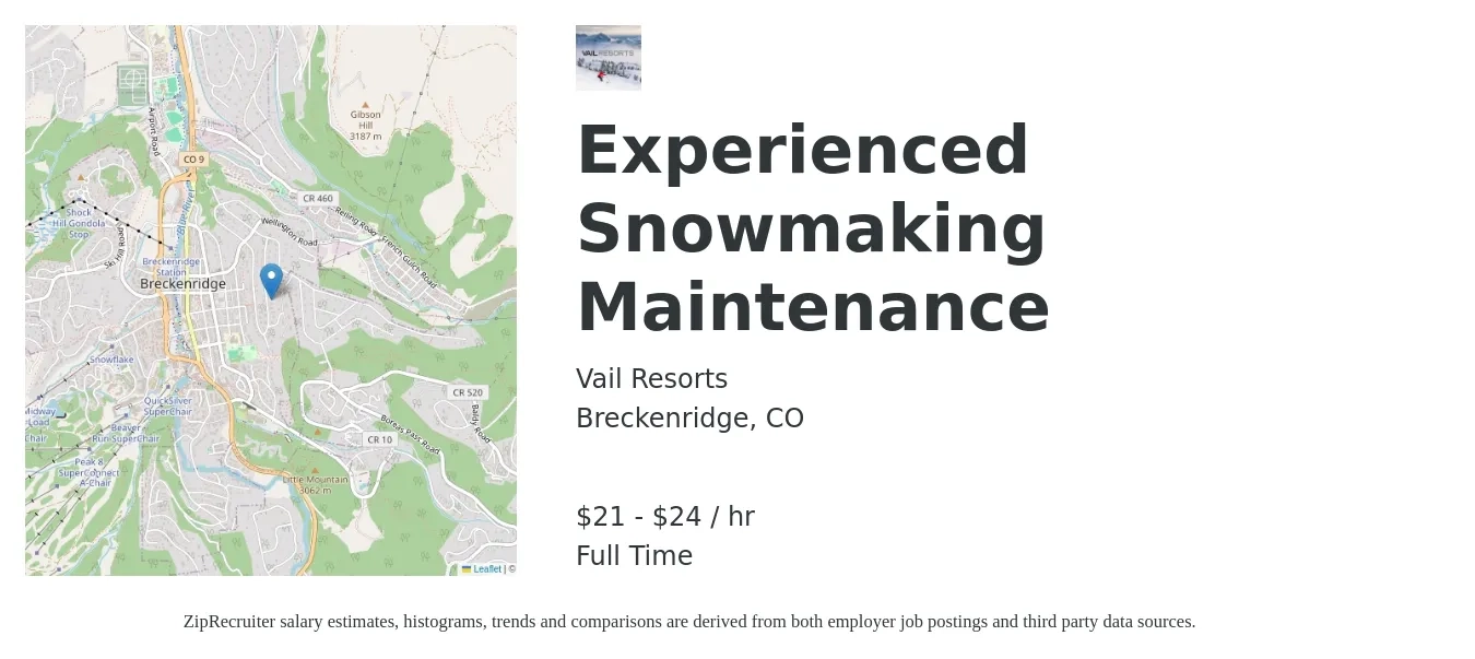 Vail Resorts job posting for a Experienced Snowmaking Maintenance in Breckenridge, CO with a salary of $22 to $25 Hourly with a map of Breckenridge location.