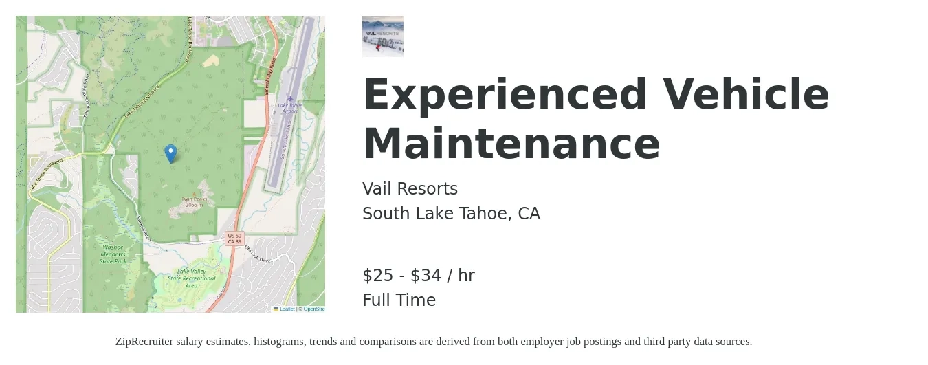 Vail Resorts job posting for a Experienced Vehicle Maintenance in South Lake Tahoe, CA with a salary of $27 to $36 Hourly with a map of South Lake Tahoe location.
