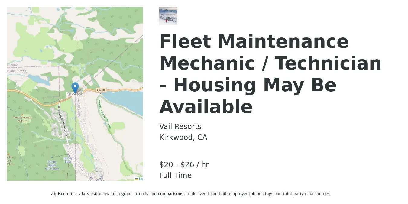 Vail Resorts job posting for a Fleet Maintenance Mechanic / Technician - Housing May Be Available in Kirkwood, CA with a salary of $21 to $28 Hourly with a map of Kirkwood location.