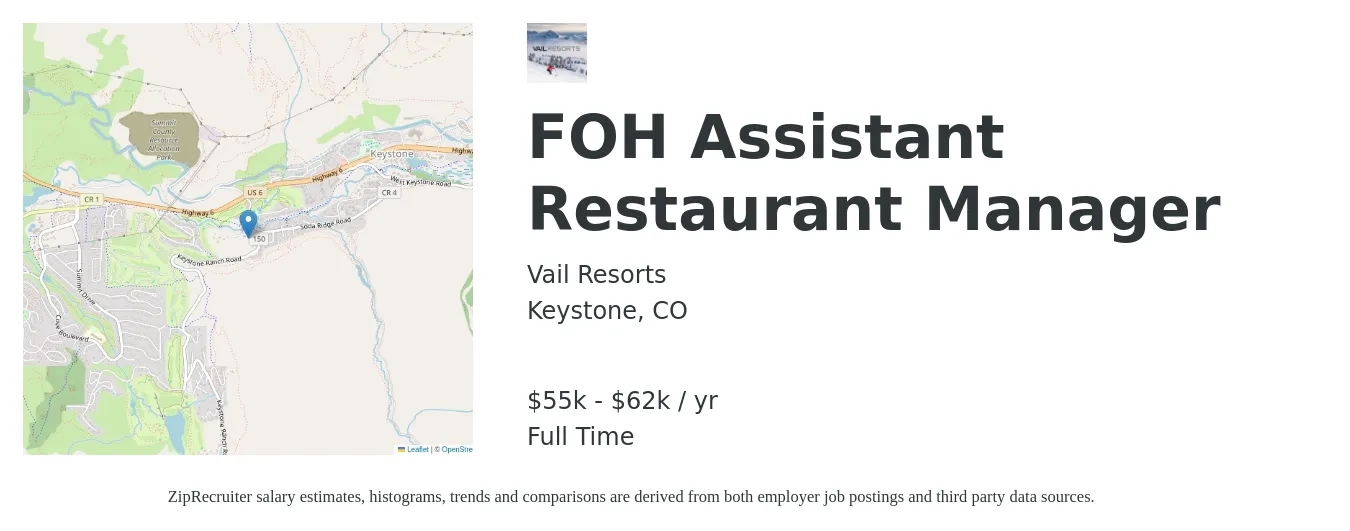 Vail Resorts job posting for a FOH Assistant Restaurant Manager in Keystone, CO with a salary of $55,000 to $62,465 Yearly with a map of Keystone location.