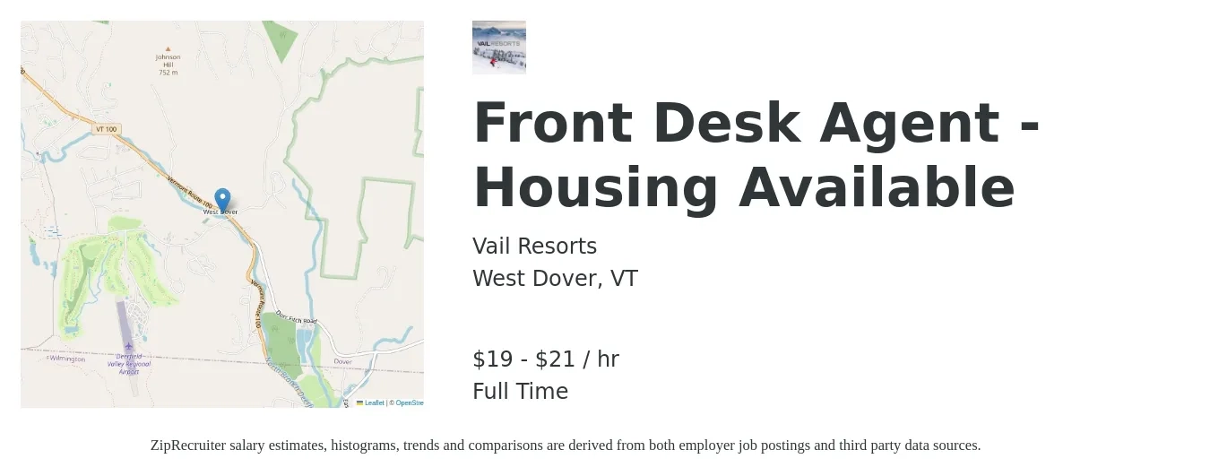 Vail Resorts job posting for a Front Desk Agent - Housing Available in West Dover, VT with a salary of $20 to $22 Hourly with a map of West Dover location.