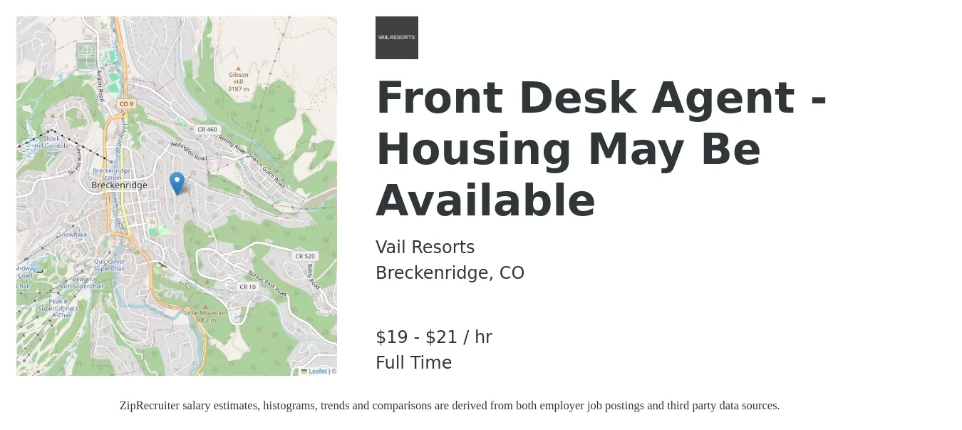 Vail Resorts job posting for a Front Desk Agent - Housing May Be Available in Breckenridge, CO with a salary of $20 to $22 Hourly with a map of Breckenridge location.