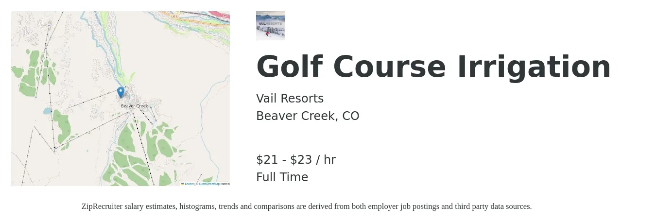 Vail Resorts job posting for a Golf Course Irrigation in Beaver Creek, CO with a salary of $22 to $24 Hourly with a map of Beaver Creek location.