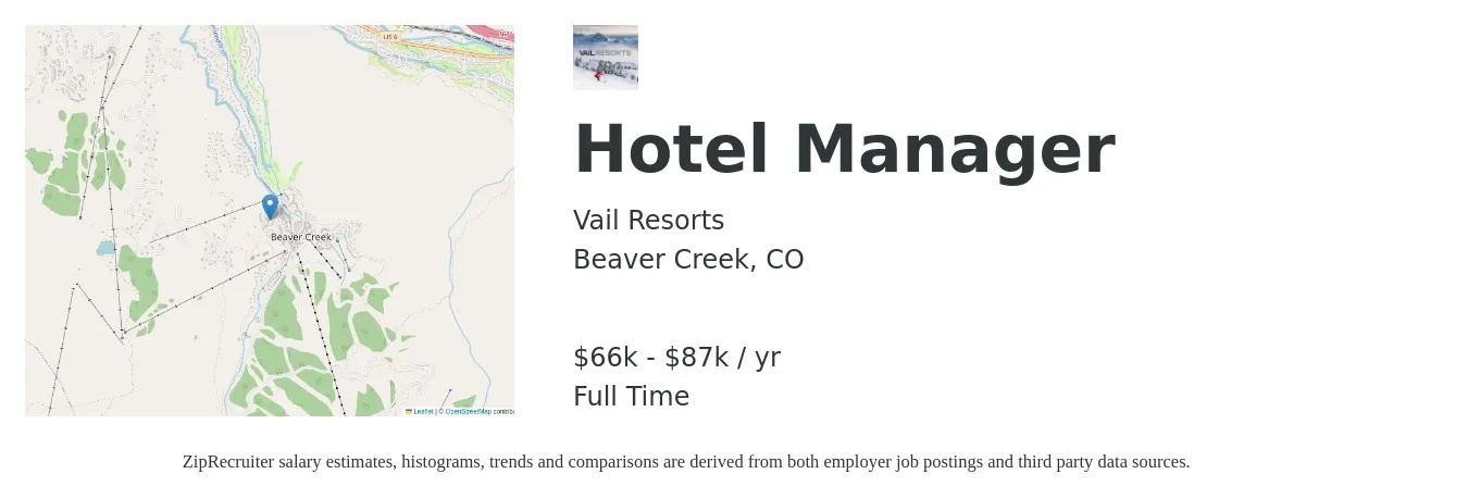 Vail Resorts job posting for a Hotel Manager in Beaver Creek, CO with a salary of $66,100 to $87,110 Yearly with a map of Beaver Creek location.