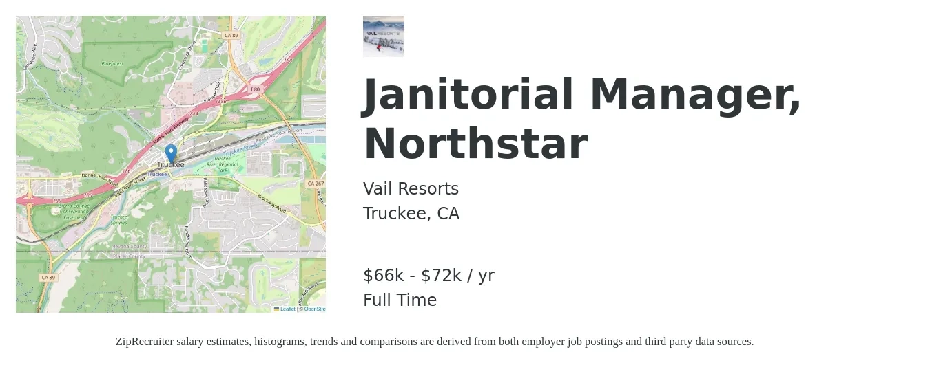 Vail Resorts job posting for a Janitorial Manager, Northstar in Truckee, CA with a salary of $66,550 to $72,000 Yearly with a map of Truckee location.