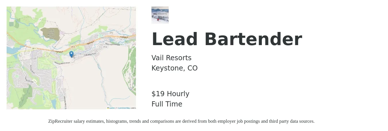Vail Resorts job posting for a Lead Bartender in Keystone, CO with a salary of $20 Hourly with a map of Keystone location.